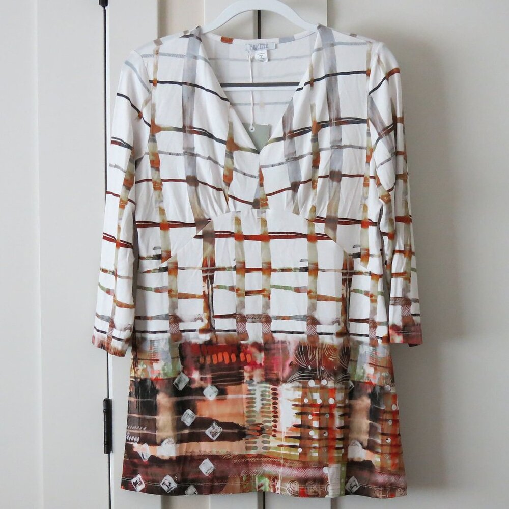 NWT $110 DOLCEZZA art-to-wear Abstract Gathered-Front 3/4 Sleeve Tunic Top - M